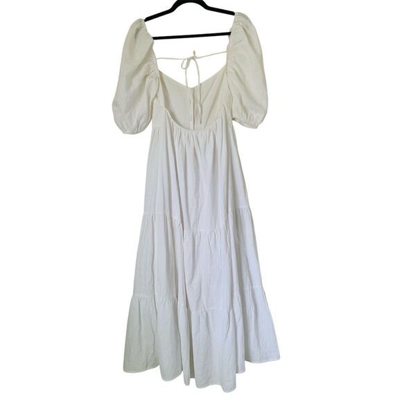 Showpo Palmer Midi Dress US 6 White Puff Sleeve Button Ruffle Tiered Trad Wife - Picture 3 of 14